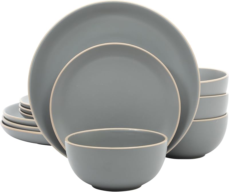 Gibson Home Rockaway 12-Piece Stoneware Dinnerware Set, Matte Finish, Service for 4, Modern Ceramic Plates an…