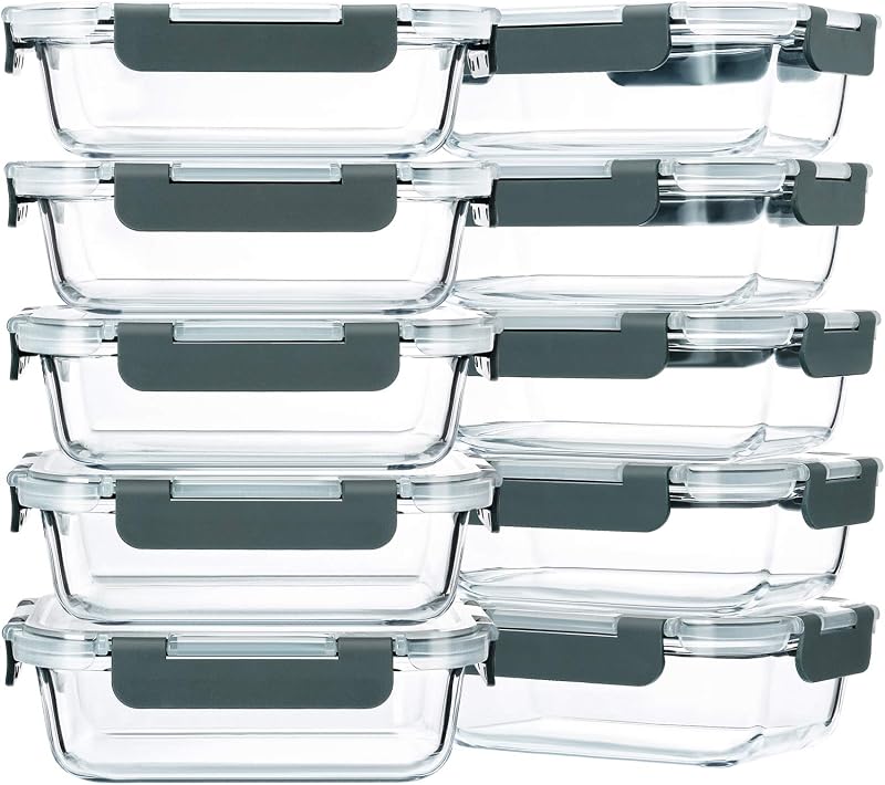 M MCIRCO 10 Pack,22 oz Glass Food Storage Containers with lids, Gray
