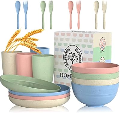 Homienly Wheat Straw Dinnerware Sets 20 PCS Plates and Bowls Sets Microwave and Dishwasher Safe Dish Set Unbr… — view 2