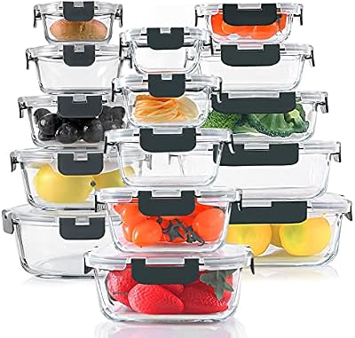 KOMUEE 30 Pieces Glass Food Storage Containers Set with Lids, Gray — view 2