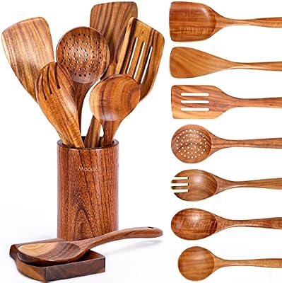 Mooues Wooden Kitchen Utensil Set, 9 Piece Natural Teak with Spoon Rest — view 2