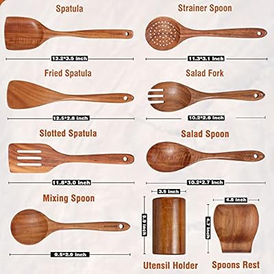 Mooues Wooden Kitchen Utensil Set, 9 Piece Natural Teak with Spoon Rest — view 3