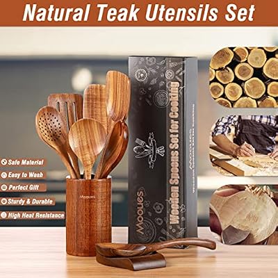 Mooues Wooden Kitchen Utensil Set, 9 Piece Natural Teak with Spoon Rest — view 4