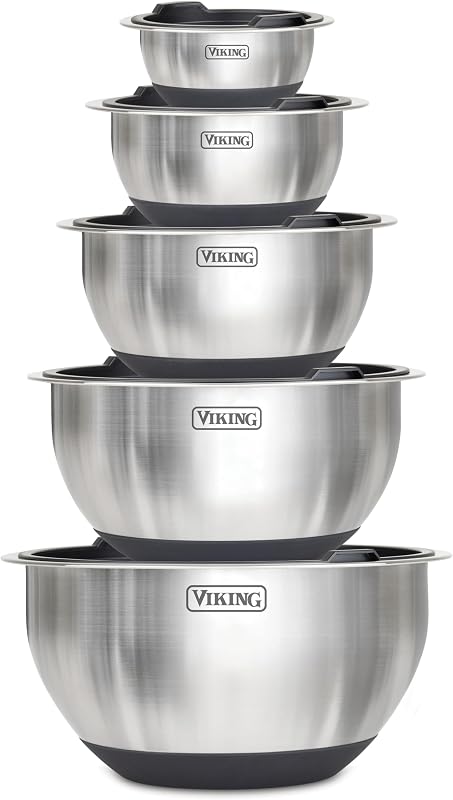 Viking Mixing Bowls Set, 10 Piece Stainless Steel Kitchen Cookware, Non-Slip Silicone Base, Includes Tight Fi…
