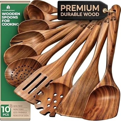 Wooden Spoons for Cooking – 10 Pcs Non Toxic Teak Kitchen Utensils Set — view 2
