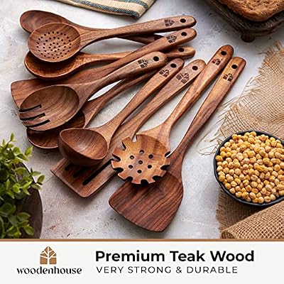 Wooden Spoons for Cooking – 10 Pcs Non Toxic Teak Kitchen Utensils Set — view 4