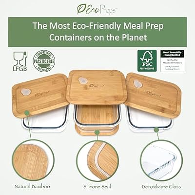EcoPreps Patented Glass Meal Prep Containers with Bamboo Lids, 3 Pack, 36oz — view 3
