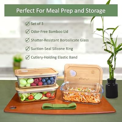 EcoPreps Patented Glass Meal Prep Containers with Bamboo Lids, 3 Pack, 36oz — view 4
