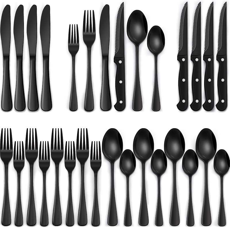 EWFEN 24-Piece Black Silverware Set with Steak Knives, Black Flatware Set for 4, Food-Grade Stainless Steel T…