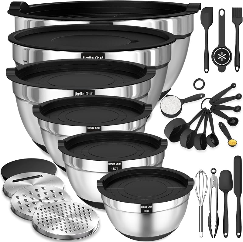 Thickened Heavy-Duty 26pcs Stainless Steel Bowl, Mixing Bowl Set with Lid, Grater Attachment, Non-Slip Bottom…