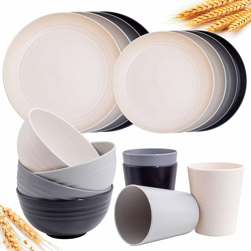 Rubtlamp Wheat Straw Dinnerware Sets, 16PCS Plastic Dinnerware Set for 4, Wheat Straw Plates and Bowls Sets,…