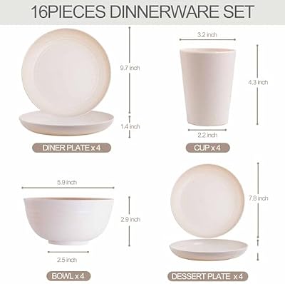Rubtlamp Wheat Straw Dinnerware Sets, 16PCS Plastic Dinnerware Set for 4, Wheat Straw Plates and Bowls Sets,… — view 3