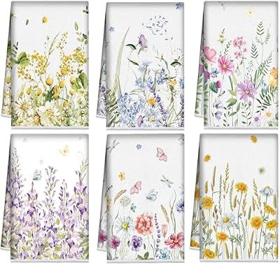 Redbaker 6 Pcs Wildflower Kitchen Towels Floral Butterfly Dish Cloth Set — view 2