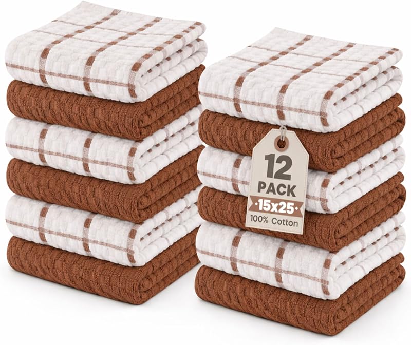 GOLD TEXTILES Kitchen Towels 12 Pack, Waffle Weave Cotton, 15x25in (Brown)