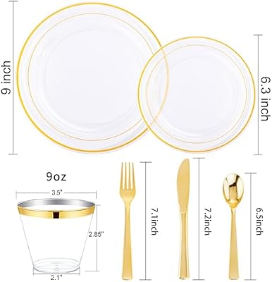 WELLIFE Clear Plates with Gold Trim, 600-Piece Plastic Dinnerware Set — view 3
