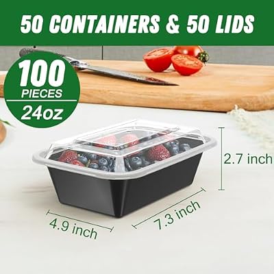 Dealusy 50 Pack (100-Piece) 24 oz Meal Prep Containers Reusable with Lids — view 3