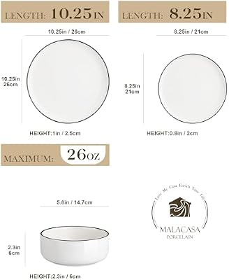 MALACASA Plates and Bowls Sets, 12 Pieces Modern Porcelain Dinnerware Set for 4 White Kitchen Dinner Dining W… — view 3