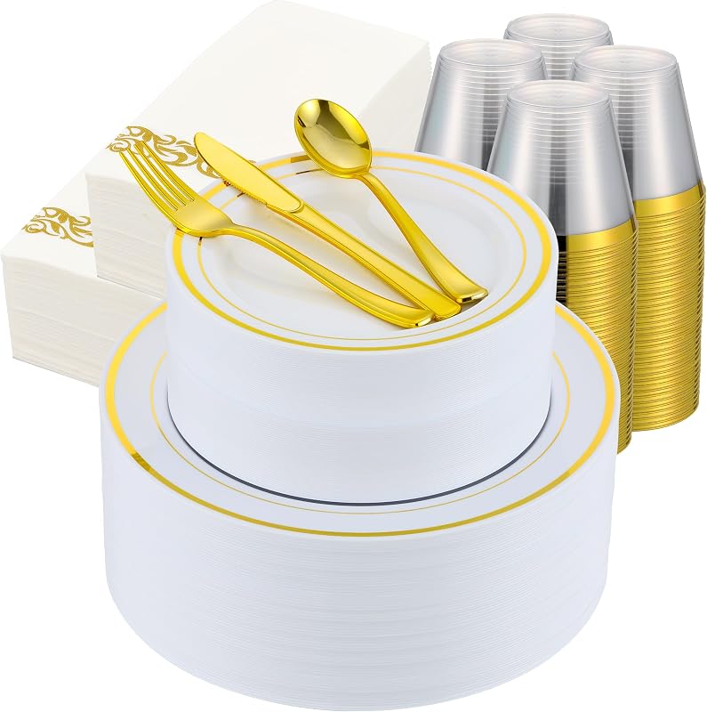 700 PCS Gold Plastic Dinnerware for 100 Guests, Gold and White Disposable Plates include 100 Dinner Plates,10…