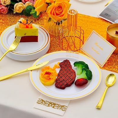700 PCS Gold Plastic Dinnerware for 100 Guests, Gold and White Disposable Plates include 100 Dinner Plates,10… — view 3