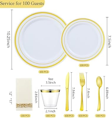 700 PCS Gold Plastic Dinnerware for 100 Guests, Gold and White Disposable Plates include 100 Dinner Plates,10… — view 4