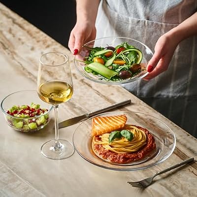 12pc Glass Dinnerware Set - Sleek Round Clear Glass Plate and Bowl Sets - Dishwasher Safe, Bread & Butter Din… — view 4