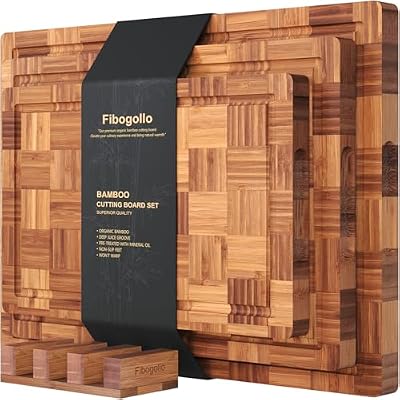 Fibogollo Set of 3 Bamboo Kitchen Cutting Boards with Juice Groove Large — view 2