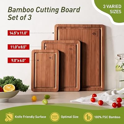 3 Packs Bamboo Cutting Board Set with Non Slip Feet and Over Sink Nice Solid Thick Wood Juice Groove Chopping… — view 4