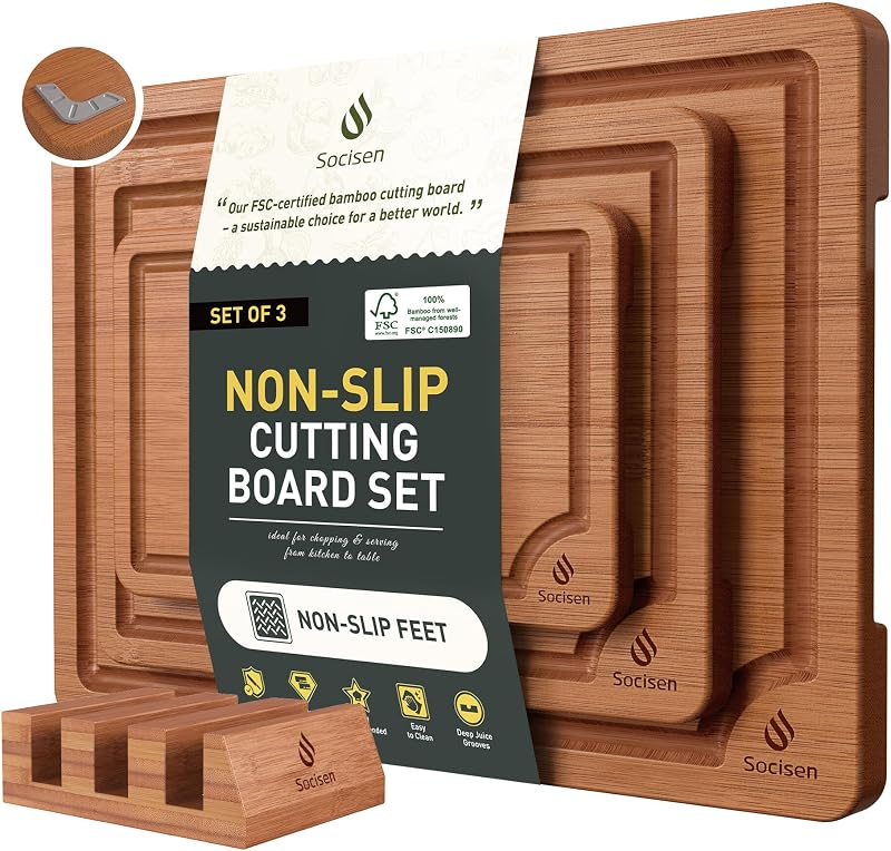 3 Packs Bamboo Cutting Board Set with Non Slip Feet Holder and Over Sink Nice Solid Thick Wood Juice Groove C…