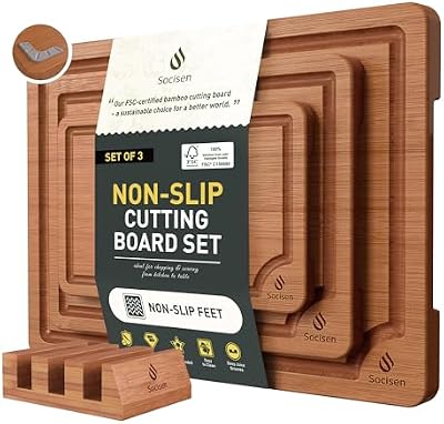 3 Packs Bamboo Cutting Board Set with Non Slip Feet Holder and Over Sink Nice Solid Thick Wood Juice Groove C… — view 2