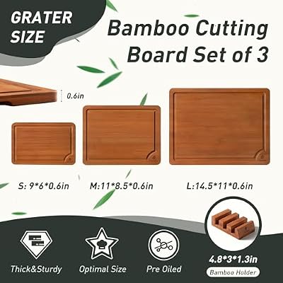 3 Packs Bamboo Cutting Board Set with Non Slip Feet Holder and Over Sink Nice Solid Thick Wood Juice Groove C… — view 3