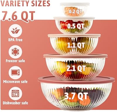Glass Mixing Bowls with Lids Sets, 5 PCS Serving Bowls for Party or Kitchen — view 3