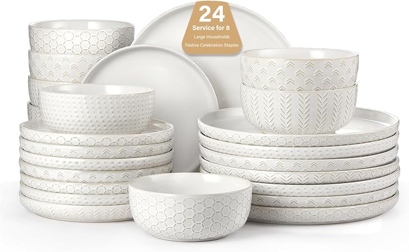 24 Piece Dinnerware Sets for 8 - Farmhouse Style Stoneware Plates and Bowls Sets - Scratch Resistant & Dishwa…