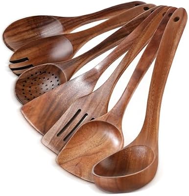Wooden Spoons for Cooking - 7 Pieces Wooden Kitchen Utensils Set, Smooth Natural Teak Wood Utensil Set, Nonst… — view 2