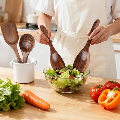 Wooden Spoons for Cooking - 7 Pieces Wooden Kitchen Utensils Set, Smooth Natural Teak Wood Utensil Set, Nonst… — view 3