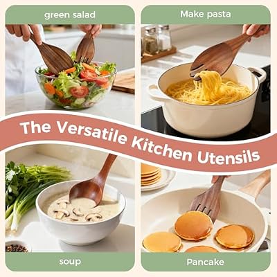 Wooden Spoons for Cooking - 7 Pieces Wooden Kitchen Utensils Set, Smooth Natural Teak Wood Utensil Set, Nonst… — view 4