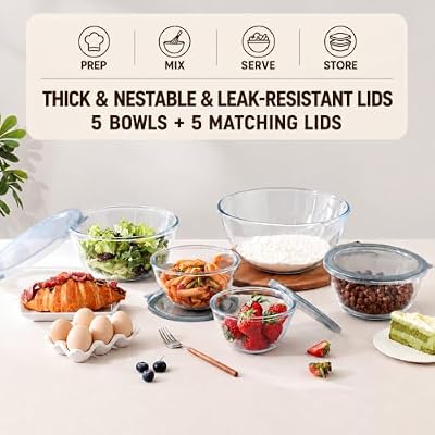 Cuiselct 5pcs Glass Mixing Bowls with Lids Set, Nesting Mixing Bowls Set — view 3