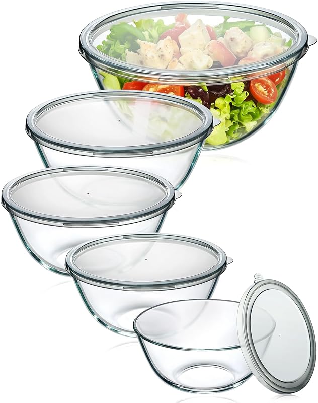 Glass Mixing Bowls with Lids Set of 5(4.78QT,2.2QT,1.7QT,1.1QT,0.85QT),Thick Glass Nesting Bowls for Kitchen…