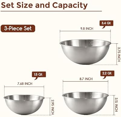 Gronivex Stainless Steel Mixing Bowls Set, 3-Piece (1.5, 2.2 & 3.4 Qt) — view 3