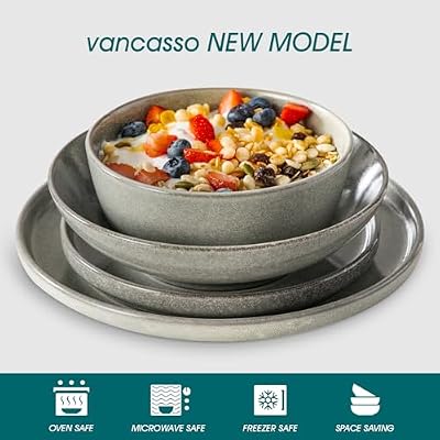 vancasso ANYA 24 Pieces Plates and Bowls Set, Stone Grey Dinnerware Sets, Reactive Glaze Dishes Set for 6, Ce… — view 4