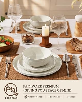 Stoneware Dinnerware Sets for 8, Plates and Bowls, Cream — view 3
