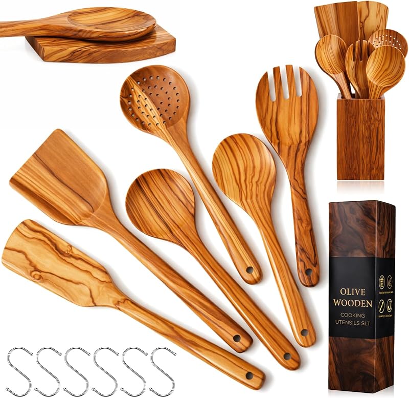 Qinyoung 10 Pack Olive Wood Cooking Utensils Set, Spatulas Spoons Forks