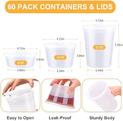 BYSNOW 60 Sets Deli Containers with Lids - 32/16/8 oz, 20 of Each Size — view 3