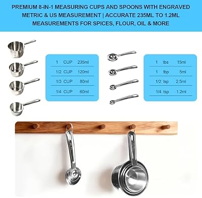 8 PCS Stainless Steel Measuring Cups and Spoons Set, Engraved Metric & US Measurement Measuring Cups and Spoo… — view 3