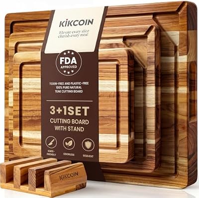 Kikcoin Teak Wood Cutting Board for Kitchen with Storage Stand, Pre-Oiled Wooden Cutting Board Set of 3, Larg… — view 2