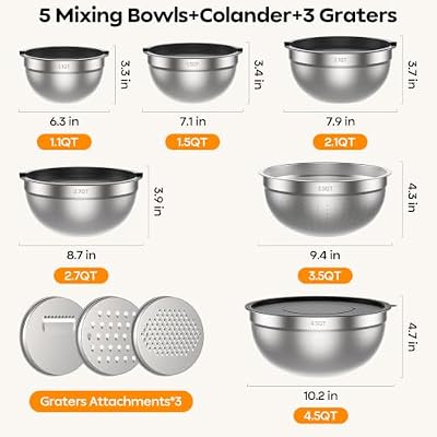 HOMETALL Stainless Steel Mixing Bowls with Lids Set & Colander(6PCS) — view 4