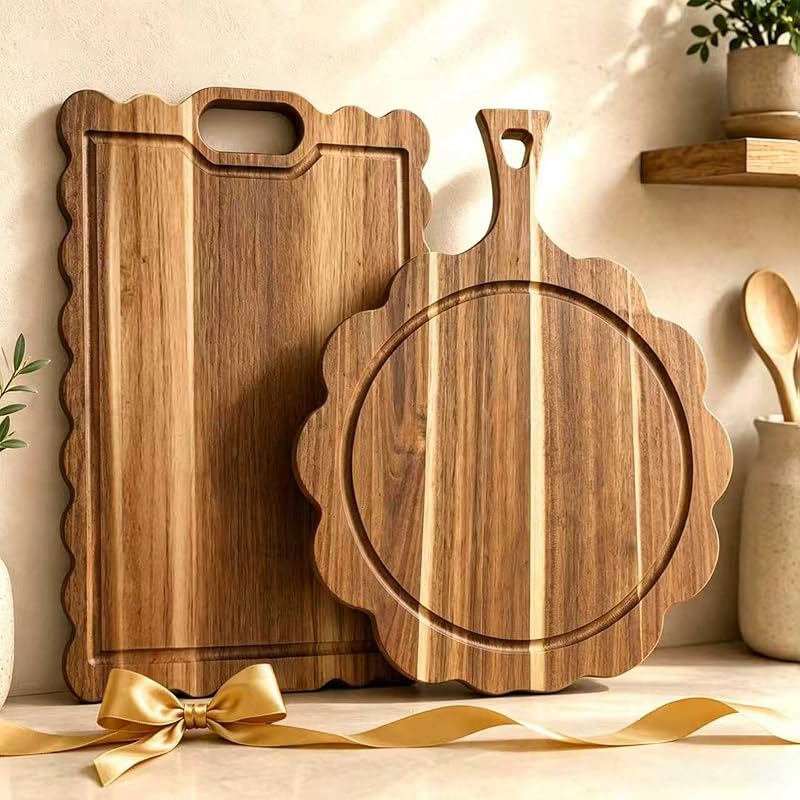Acacia Scalloped Cutting Board Set,Housewarming Gift New Home